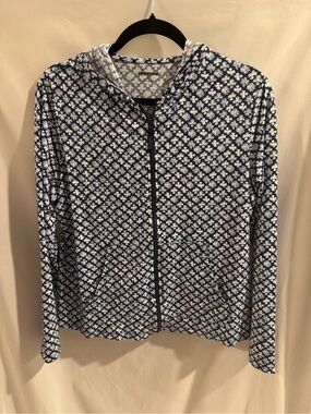Lands' End Navy and White SunShade UPF‎ 50 Floral Hooded Rash Guard M